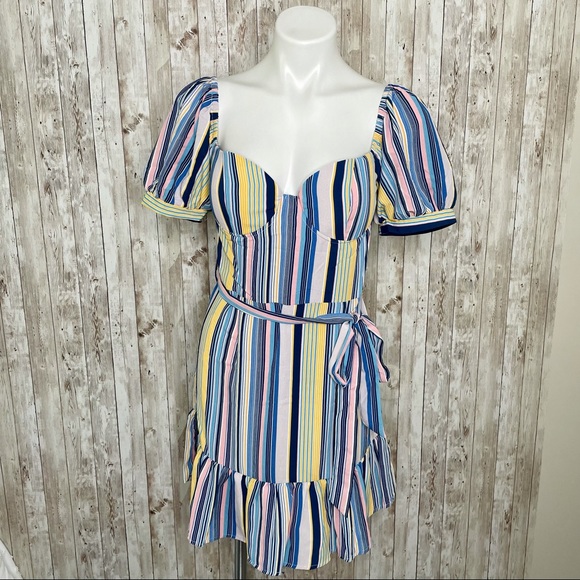 Shop 17 Wrap Tie Waist Dress Striped Ruffled Colorful Mini Summer Dress Size L - Picture 1 of 11